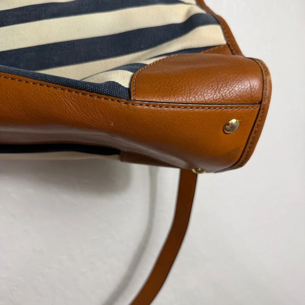 Michael Kors Hamilton Satchel Navy Cream Striped Canvas Leather Trim Handbag